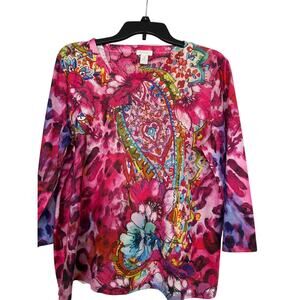 Chico’s Made in USA Pink Boho Paisley Embellished Floral Top Size 2/L Artsy
